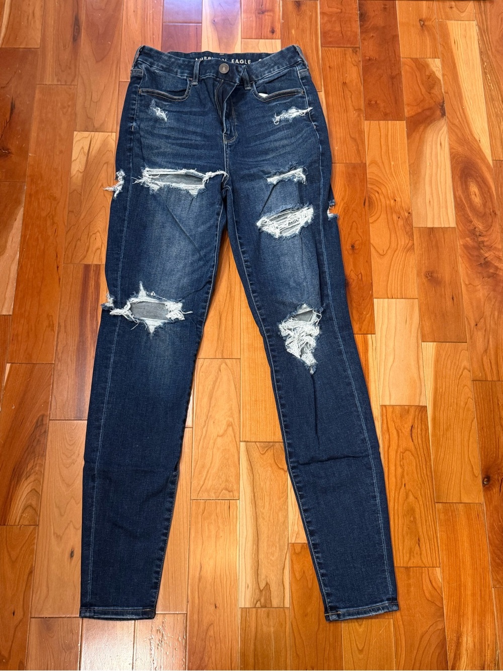 American Eagle Outfitters Distressed Dark Blue High-Rise Jeggings 8 X-Long